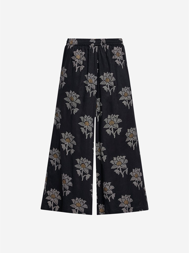 Zuba Black Floral Patterned Palazzos