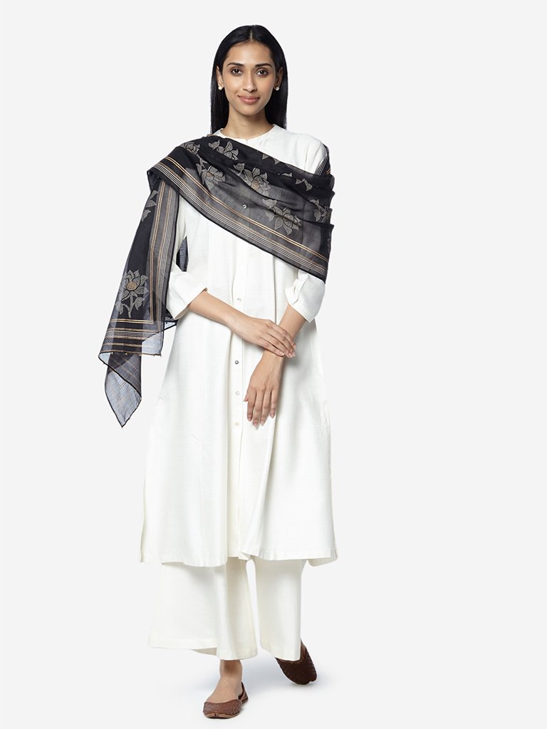 Zuba Black Floral Patterned Cotton-Silk Stole