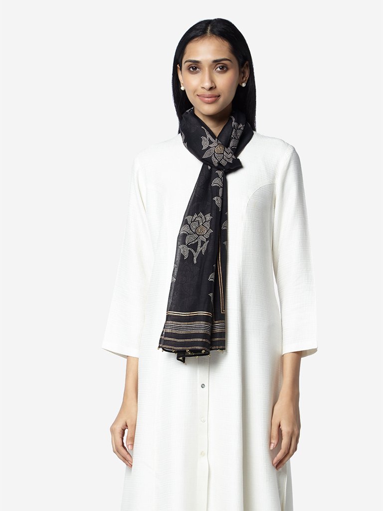 Zuba Black Floral Patterned Cotton-Silk Stole