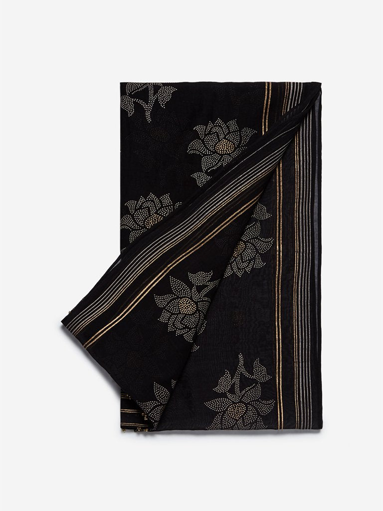 Zuba Black Floral Patterned Cotton-Silk Stole