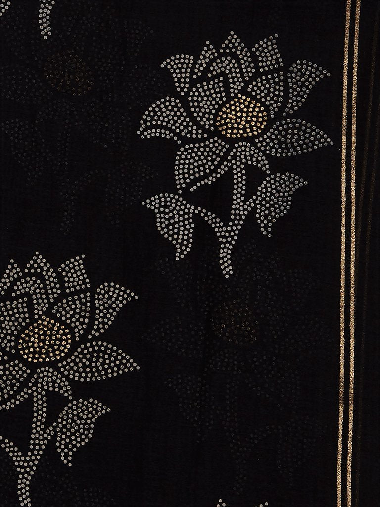 Zuba Black Floral Patterned Cotton-Silk Stole
