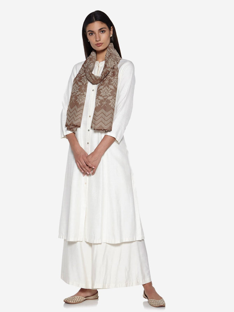 Zuba Brown Lotus Print Cotton-Silk Stole