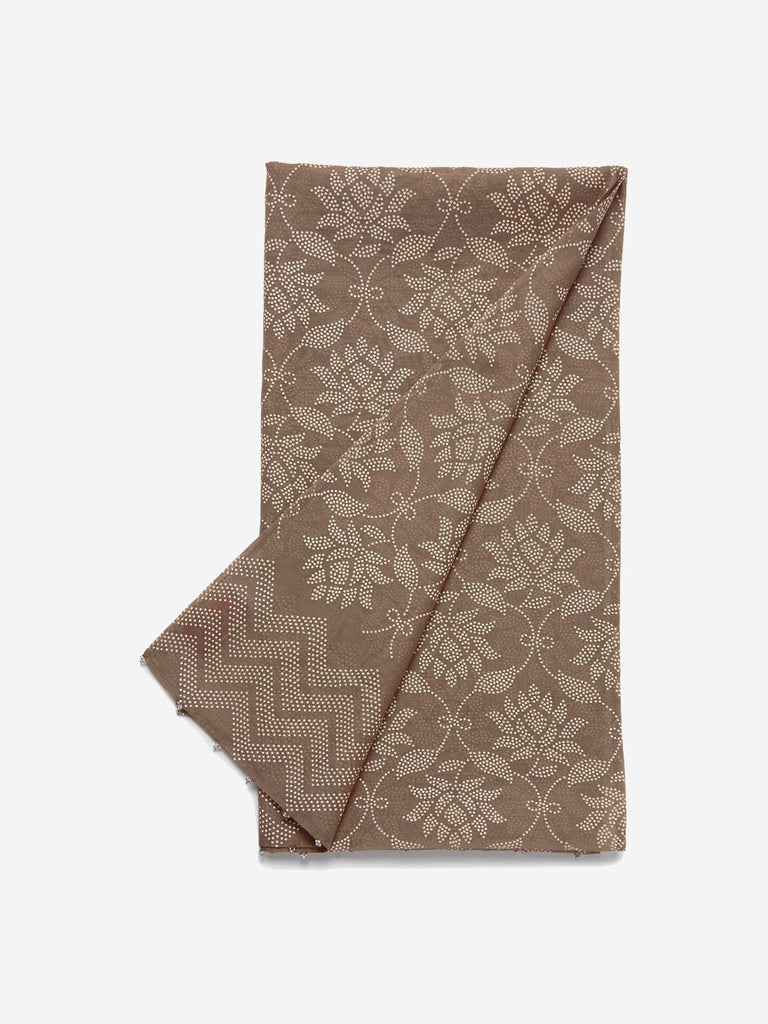 Zuba Brown Lotus Print Cotton-Silk Stole