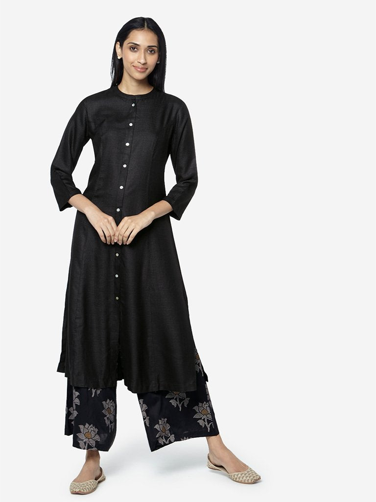 Zuba Black Self-Textured A-line Kurta