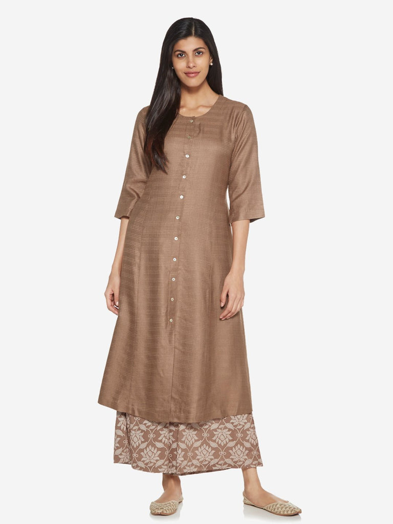 Zuba Light Brown Self-Patterned A-line Kurta