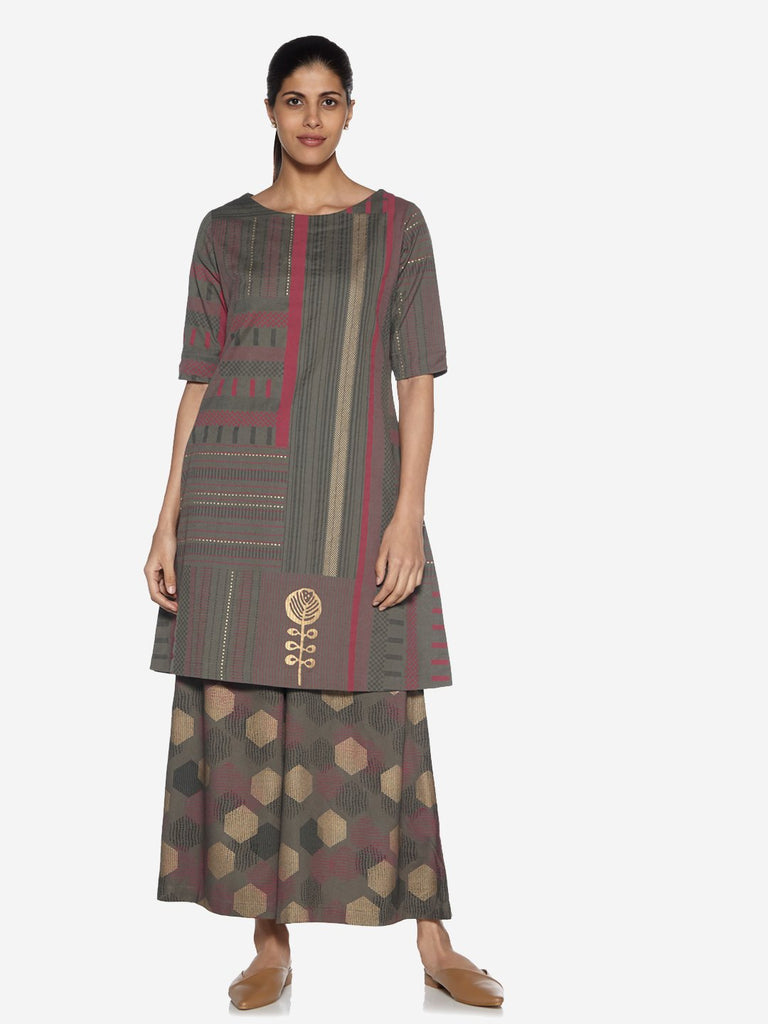 Utsa Smoke Grey Straight Embroidered Kurti