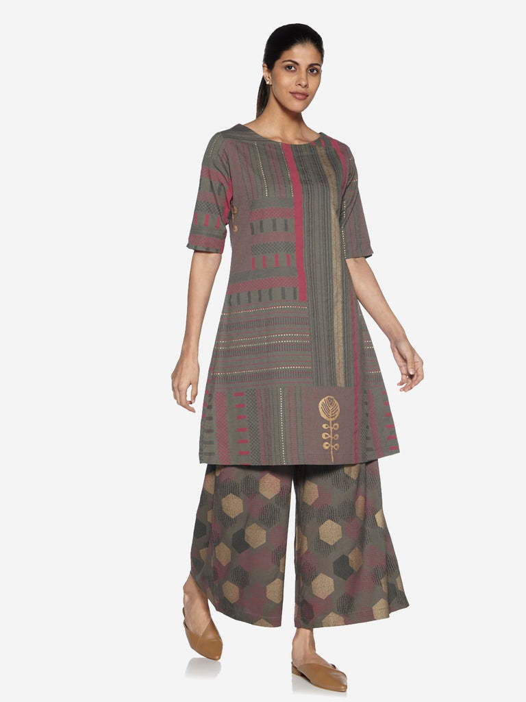 Utsa Smoke Grey Straight Embroidered Kurti