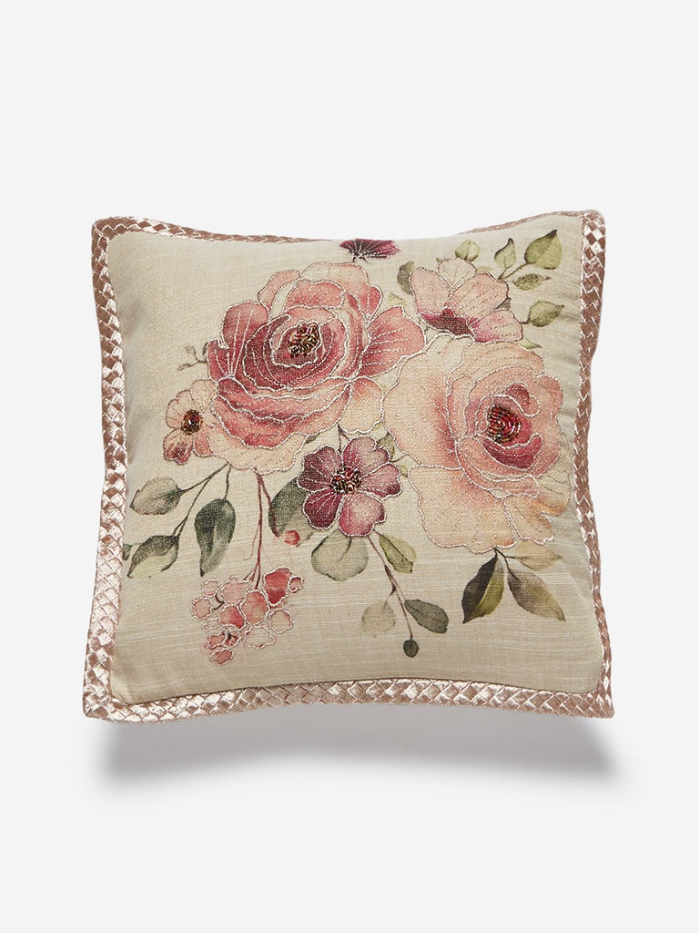 Westside Home Beige Floral Embroidered Cushion Cover