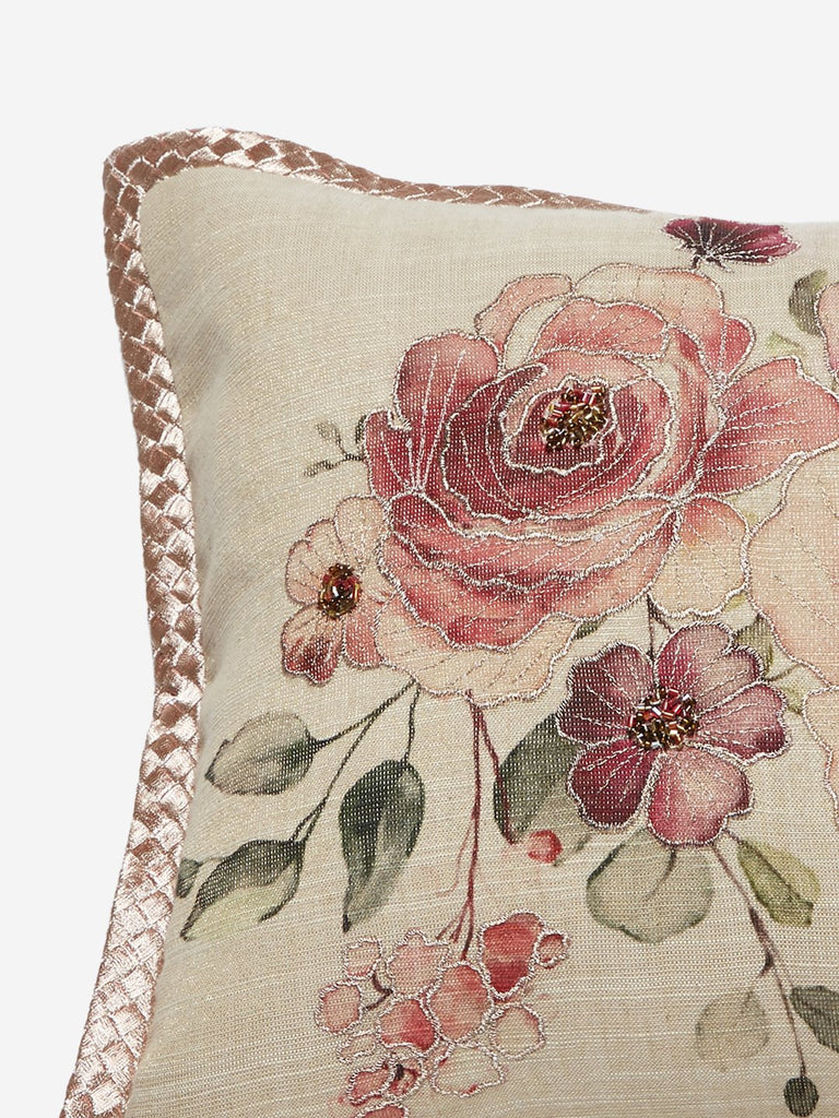 Westside Home Beige Floral Embroidered Cushion Cover