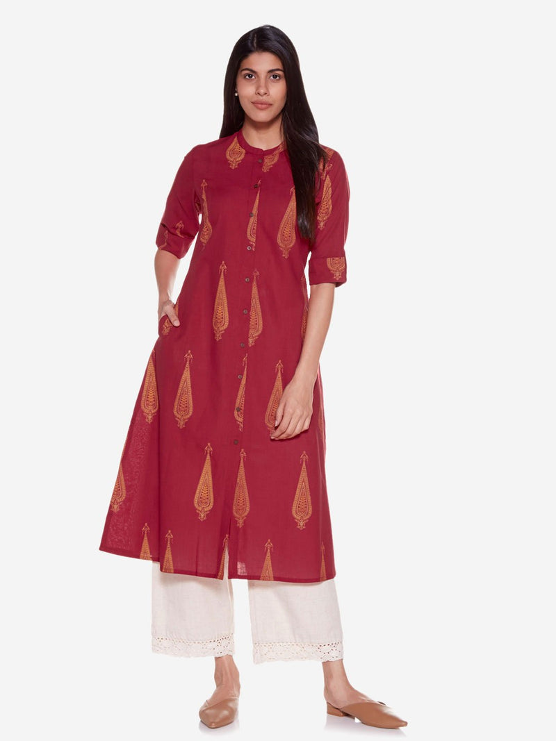 Utsa Red A-Line Pure Cotton Ethnic Print Kurta