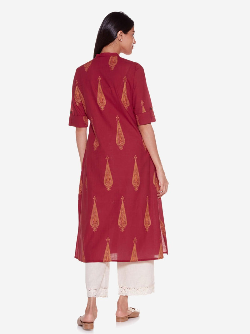 Utsa Red A-Line Pure Cotton Ethnic Print Kurta