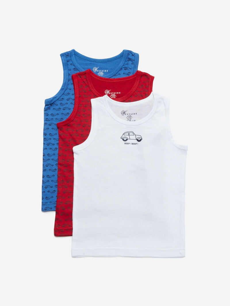 HOP Kids Blue Car Printed Vests Pack of Three