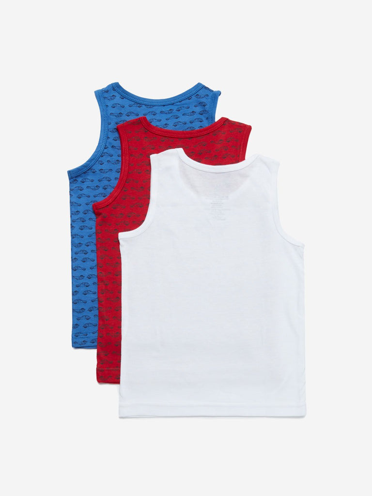 HOP Kids Blue Car Printed Vests Pack of Three