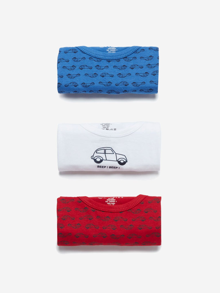 HOP Kids Blue Car Printed Vests Pack of Three