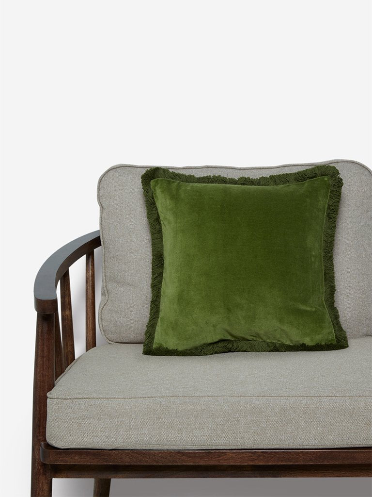 Westside Home Green Fringed Velveteen Cushion Cover