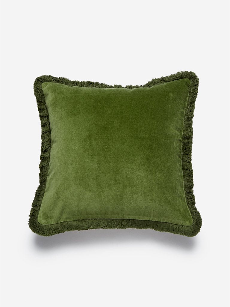 Westside Home Green Fringed Velveteen Cushion Cover