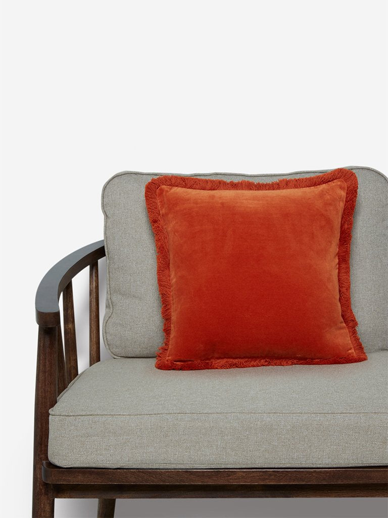 Westside Home Orange Fringed Velveteen Cushion Cover