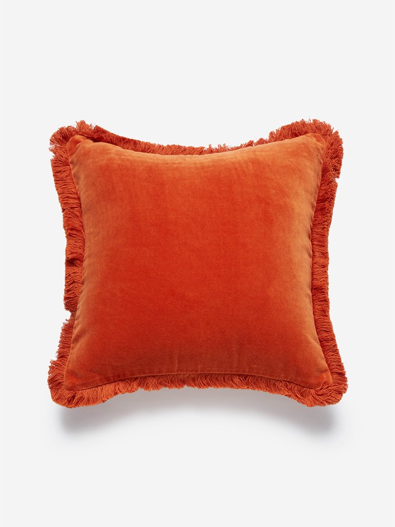 Westside Home Orange Fringed Velveteen Cushion Cover