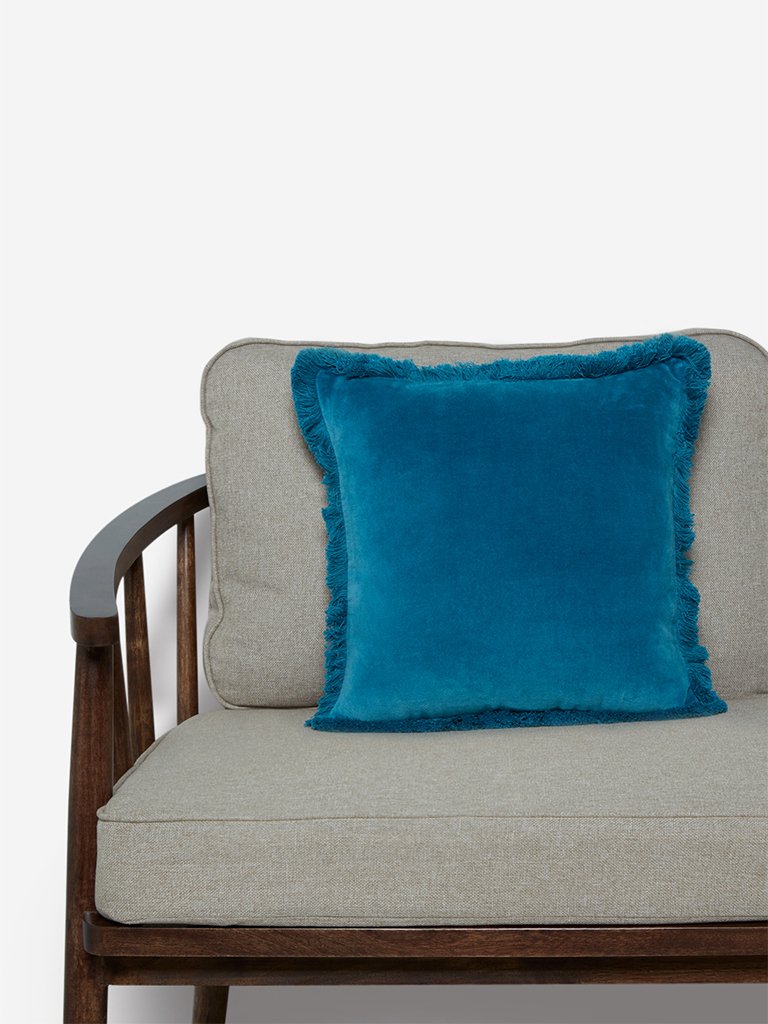 Westside Home Blue Fringed Velveteen Cushion Cover