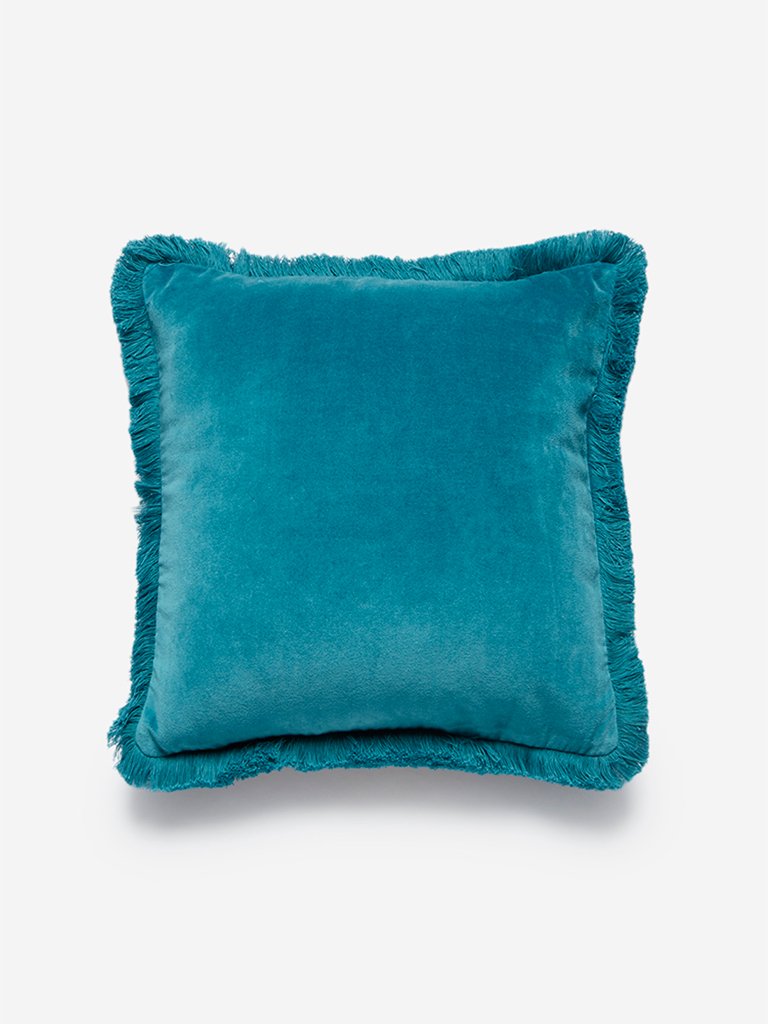 Westside Home Blue Fringed Velveteen Cushion Cover