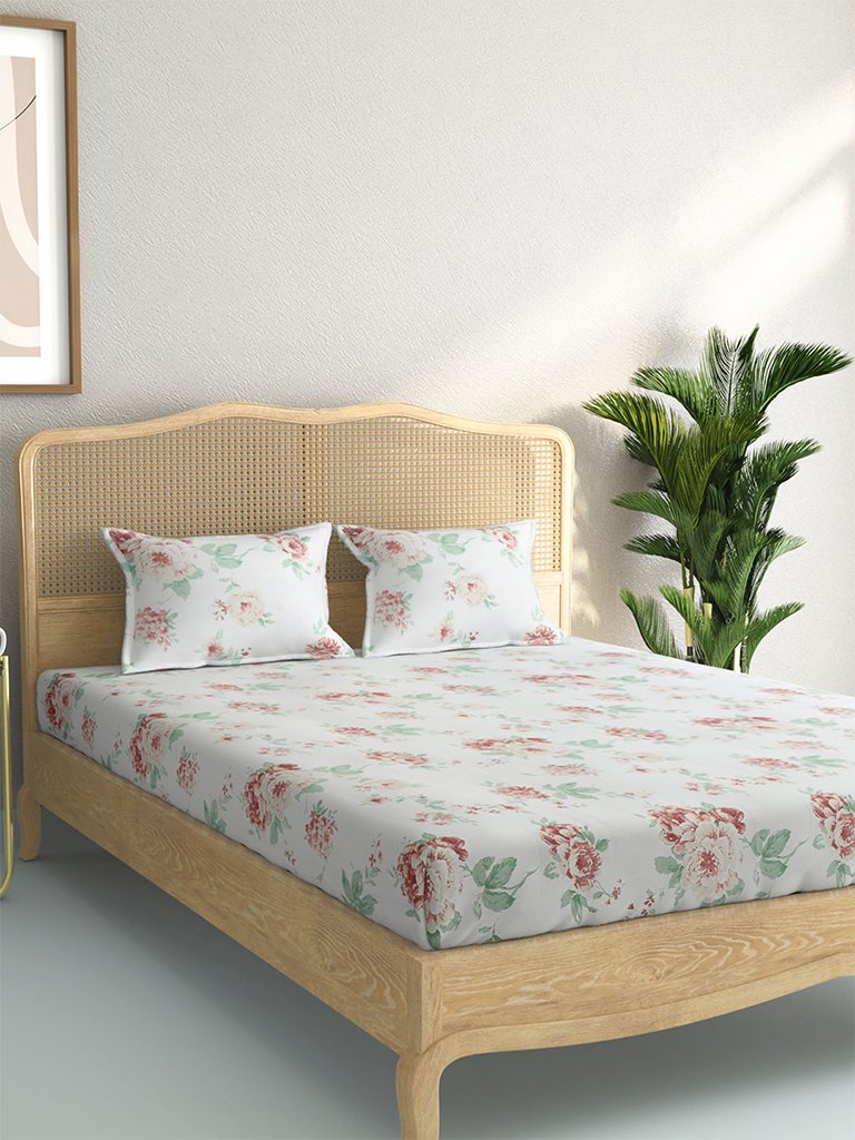 Westside Home Multicolour Floral Print Pure Cotton Double Bedsheet With Two Pillowcases