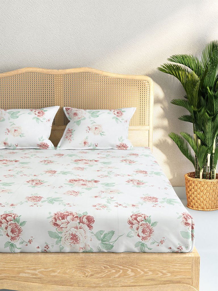 Westside Home Multicolour Floral Print Pure Cotton Double Bedsheet With Two Pillowcases