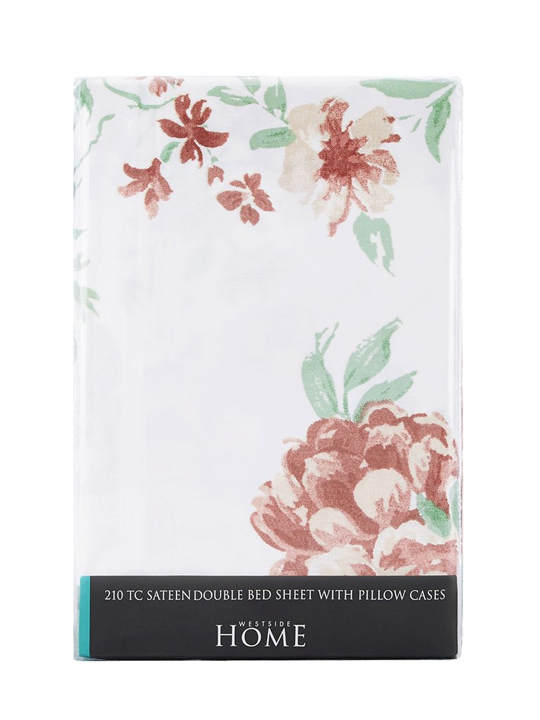 Westside Home Multicolour Floral Print Pure Cotton Double Bedsheet With Two Pillowcases