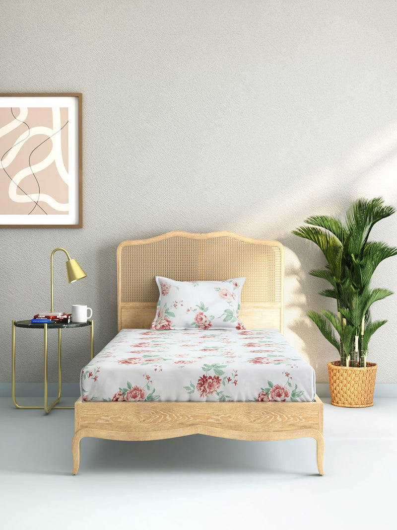 Westside Home Multicolour Floral Print Pure Cotton Single Bedsheet With Pillowcase