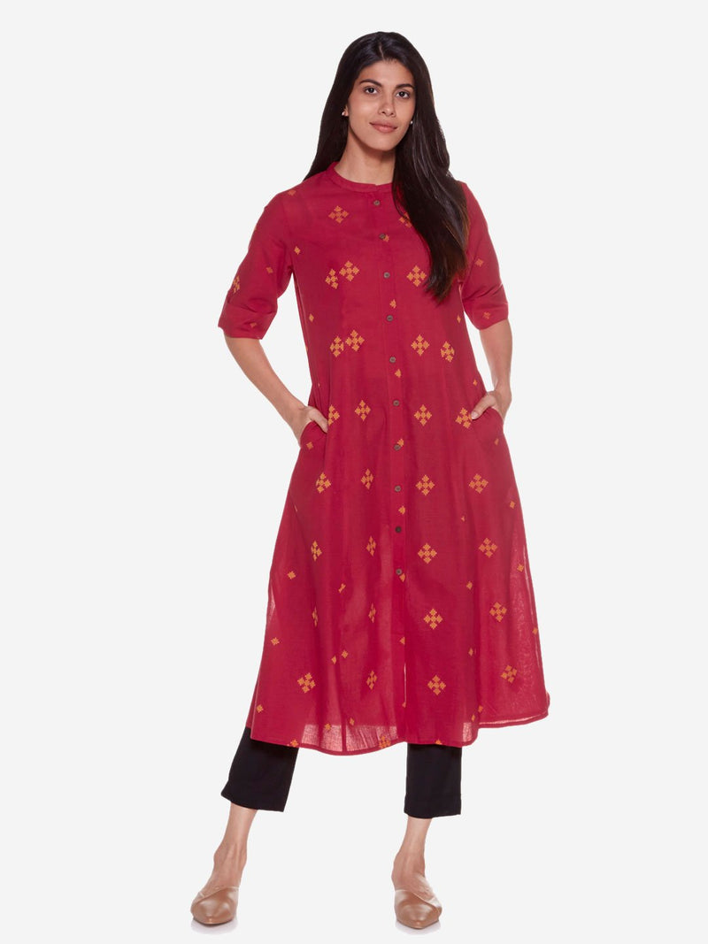 Utsa Red A-Line Geometrical Embroidered Kurta