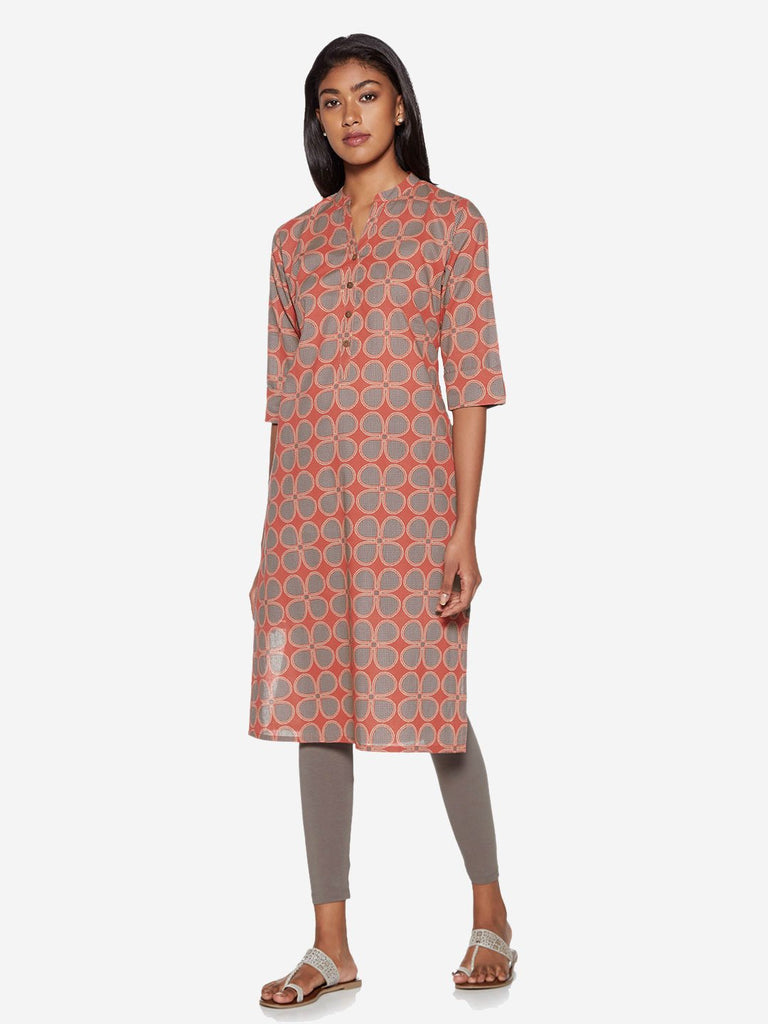 Utsa Pink Floral Print Cotton Straight Kurta