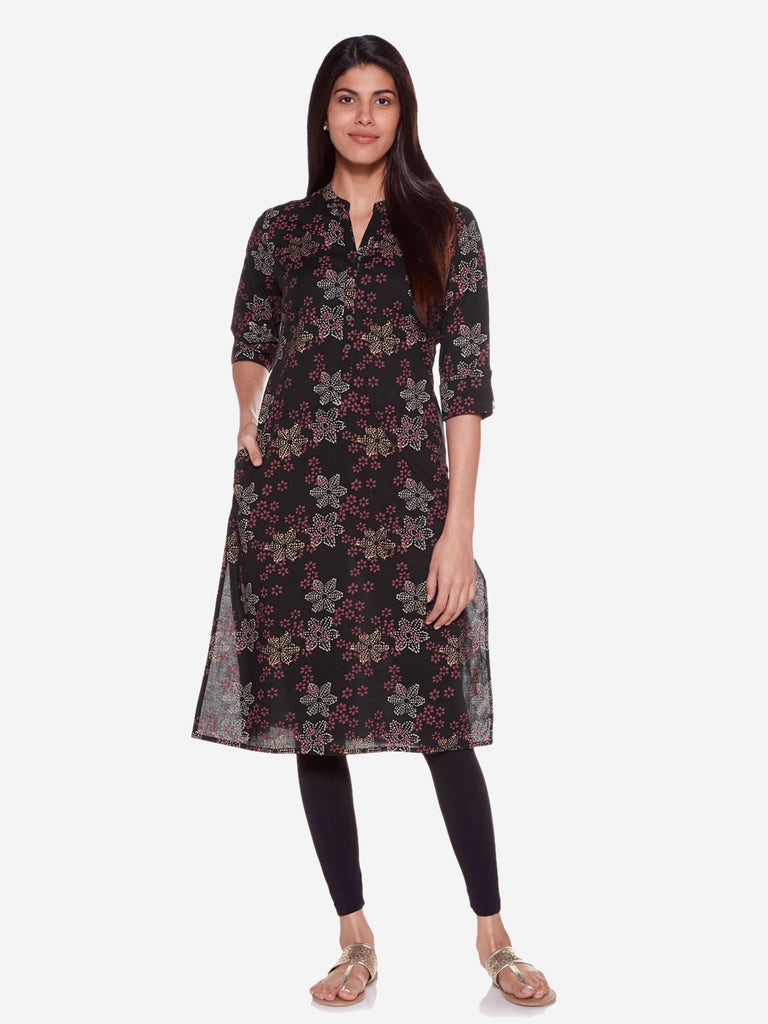 Utsa Black Straight Pure Cotton Floral Kurta