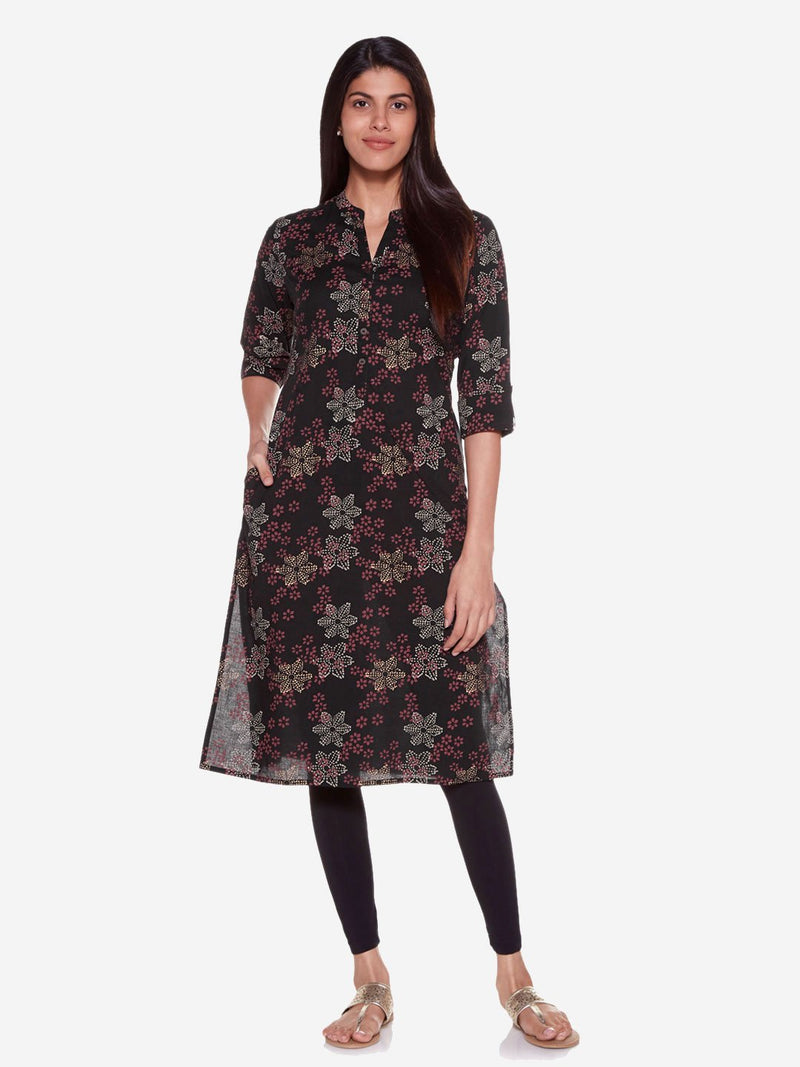 Utsa Black Straight Pure Cotton Floral Kurta