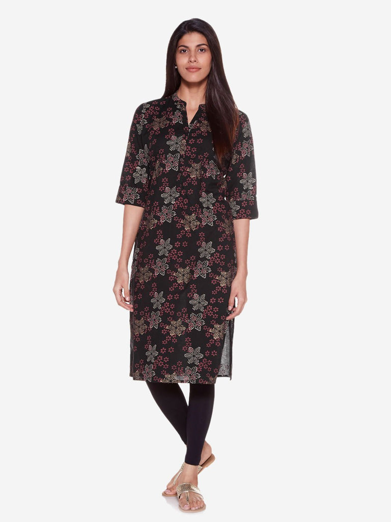 Utsa Black Straight Pure Cotton Floral Kurta
