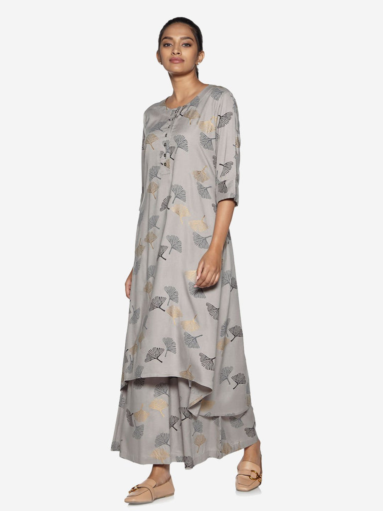 Utsa Light Grey Printed High-Low Kurta