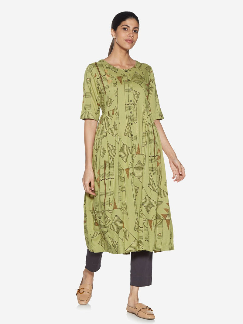 Utsa Green Printed Fit-And-Flare Kurta