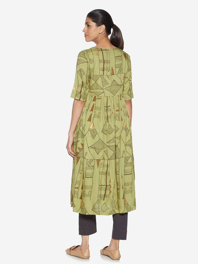 Utsa Green Printed Fit-And-Flare Kurta