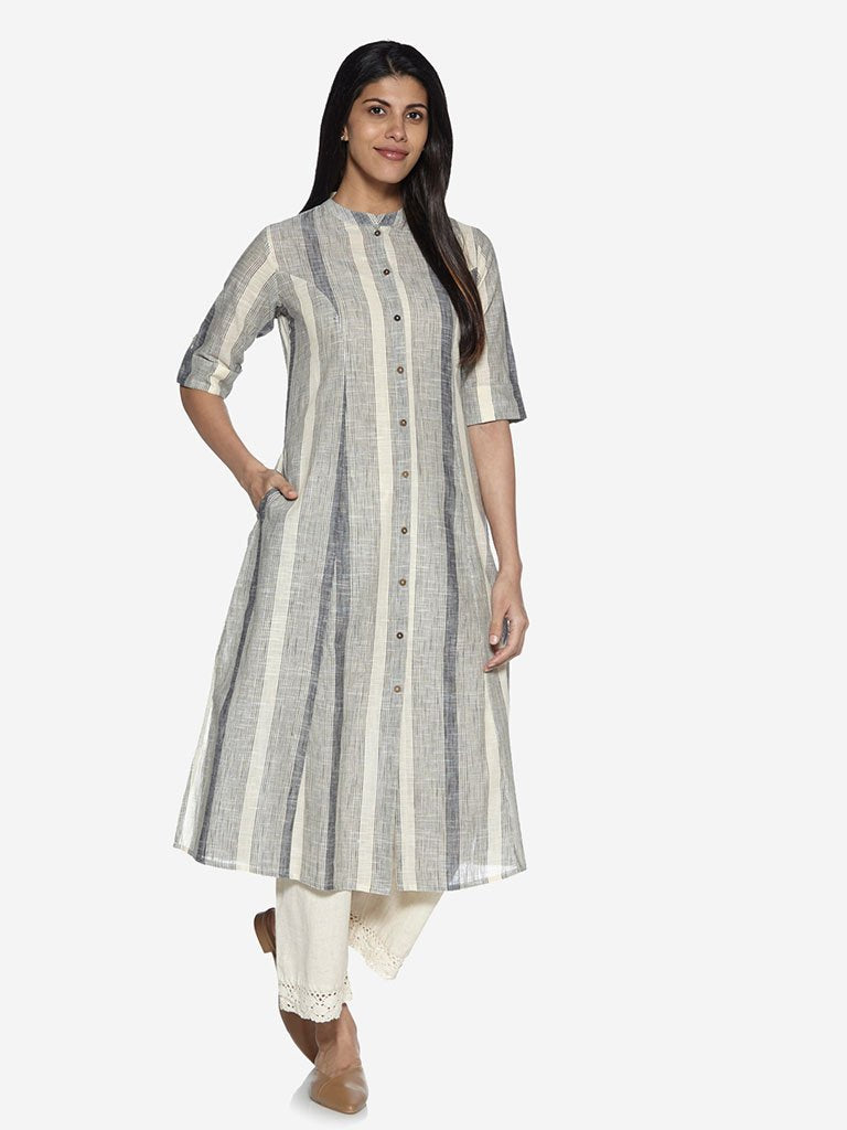 Utsa Off-White Pure Cotton Striped A-Line Kurta