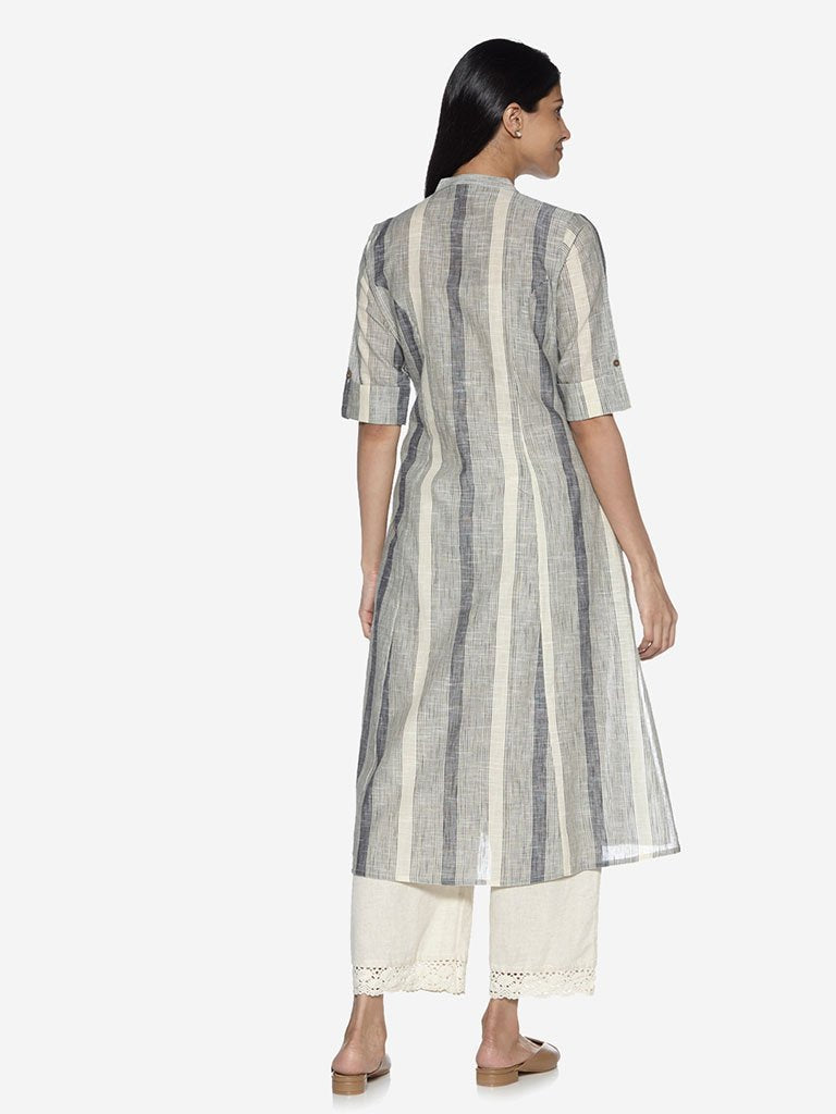 Utsa Off-White Pure Cotton Striped A-Line Kurta