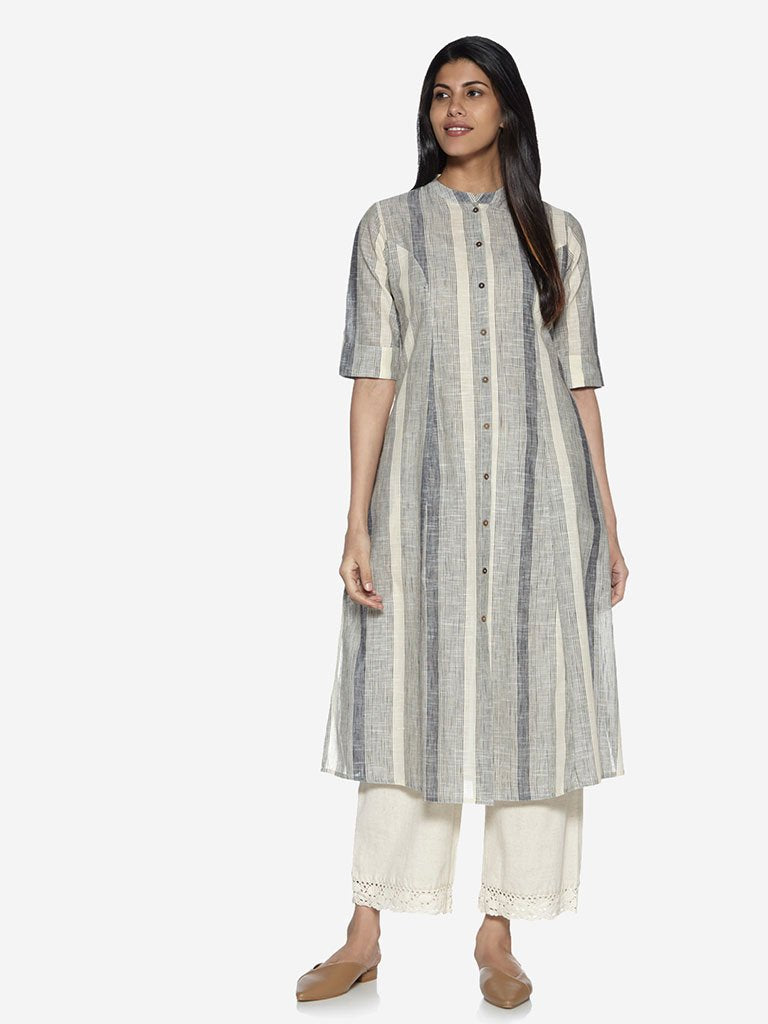Utsa Off-White Pure Cotton Striped A-Line Kurta