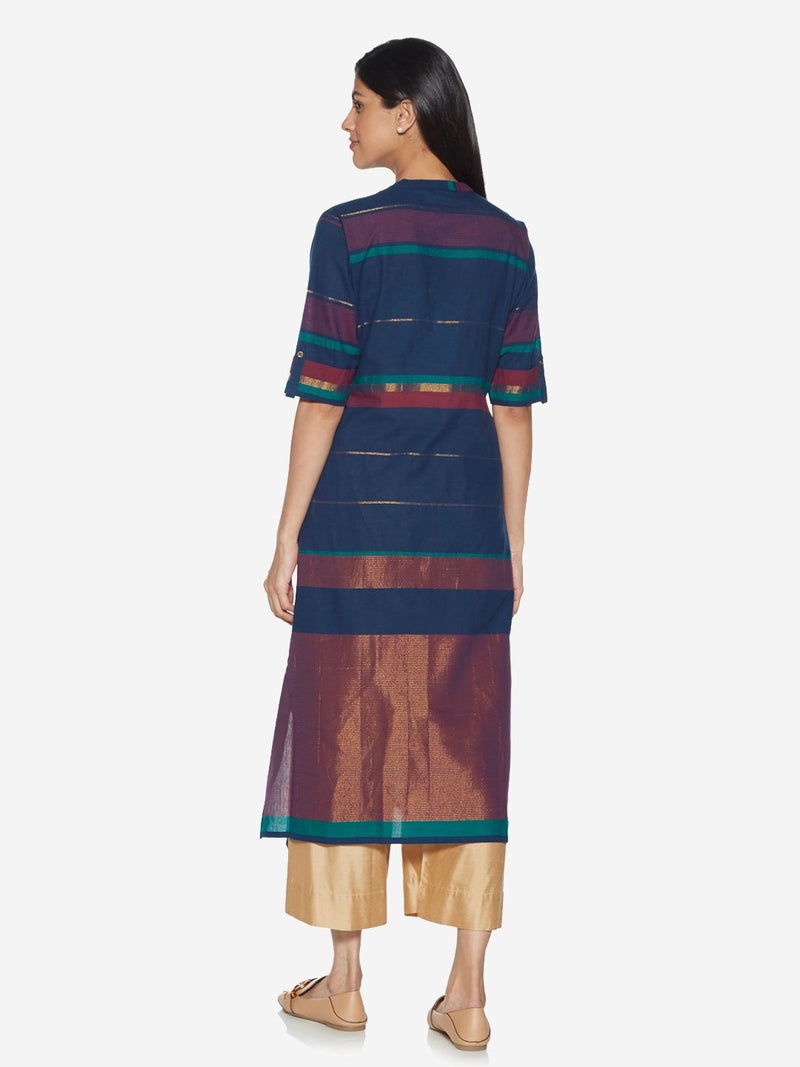 Utsa Indigo Stripe Patterned A-line Kurta
