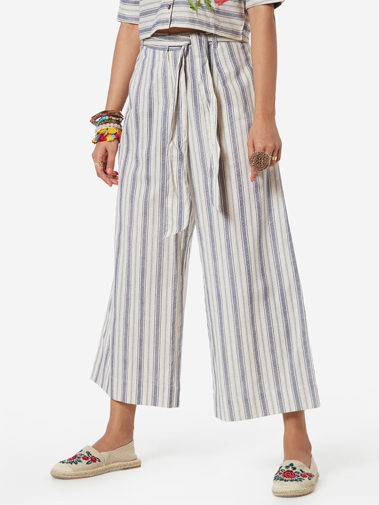 Bombay Paisley Blue Striped Palazzos With Belt