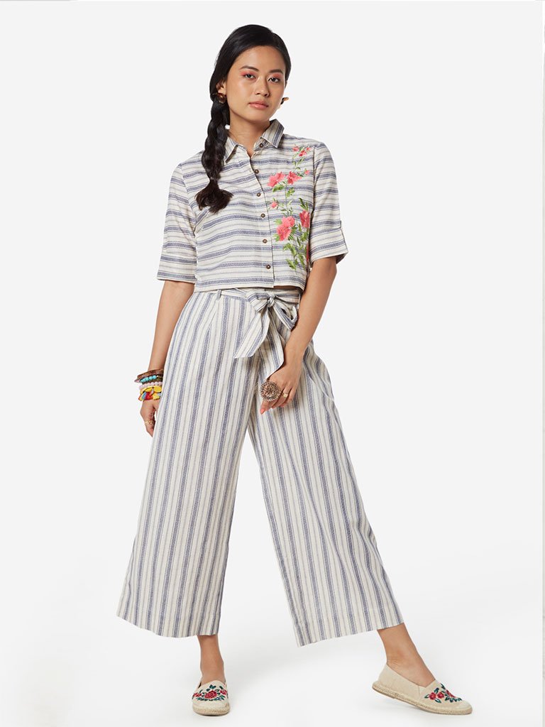 Bombay Paisley Blue Striped Palazzos With Belt