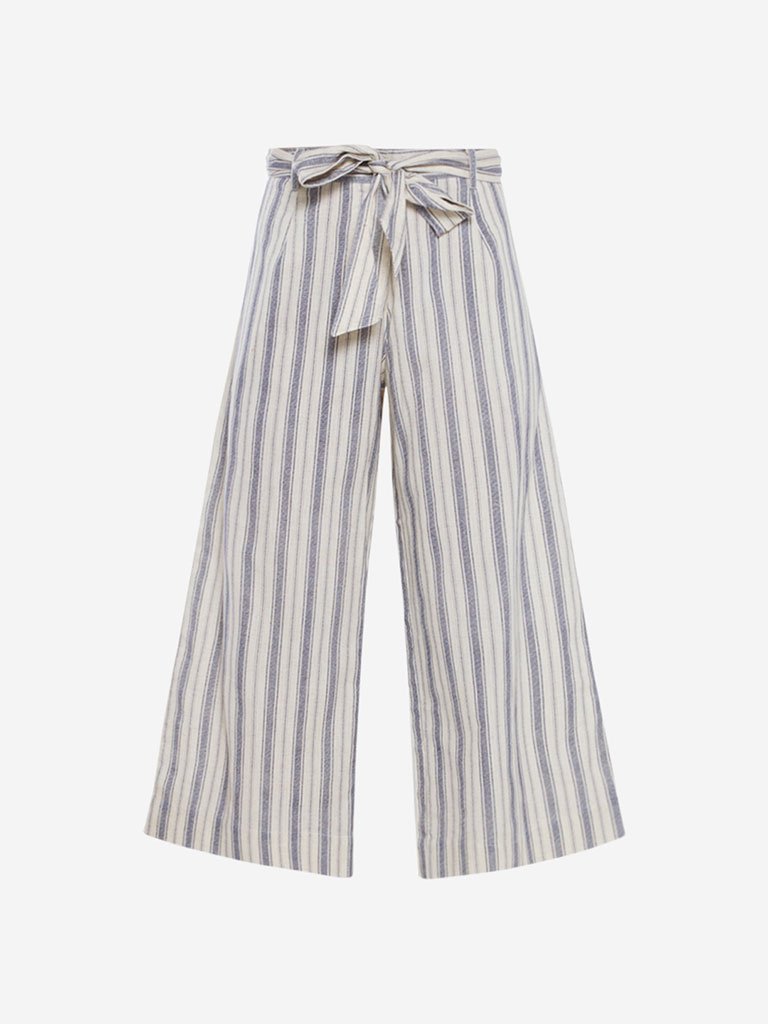 Bombay Paisley Blue Striped Palazzos With Belt