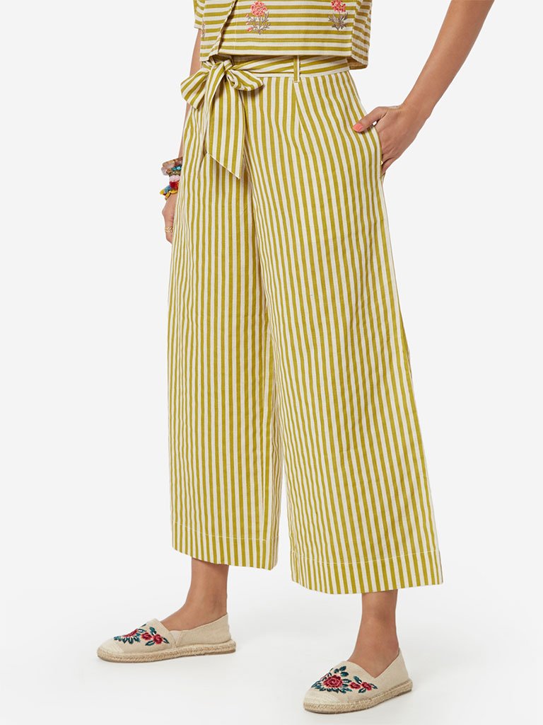 Bombay Paisley Yellow Striped Palazzos With Belt