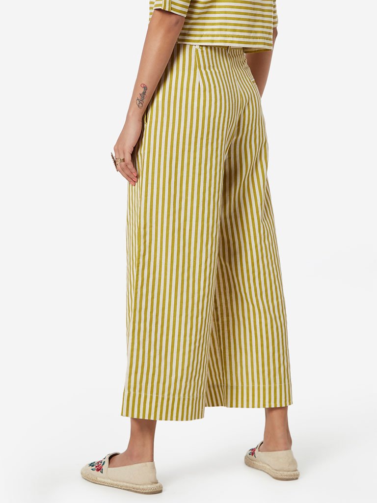 Bombay Paisley Yellow Striped Palazzos With Belt