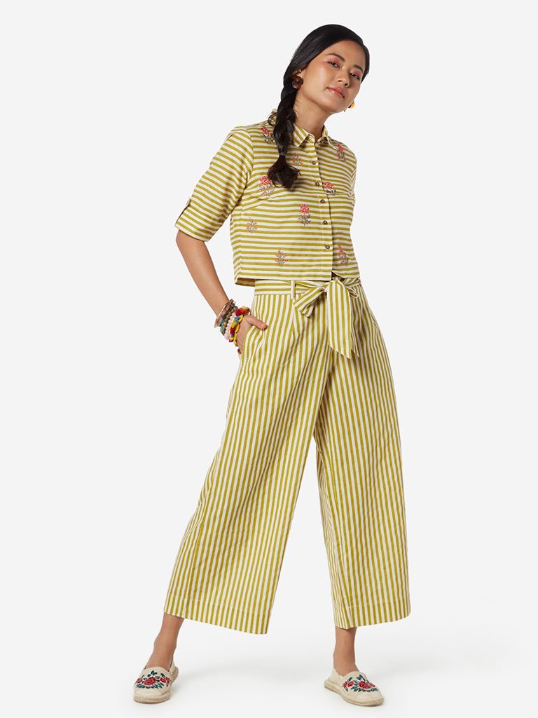 Bombay Paisley Yellow Striped Palazzos With Belt