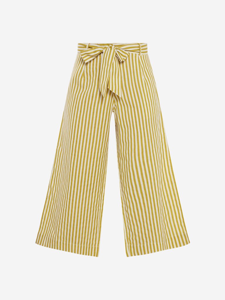 Bombay Paisley Yellow Striped Palazzos With Belt
