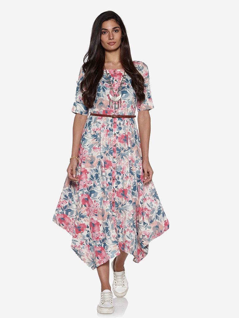 Bombay Paisley White Floral Dress With Belt