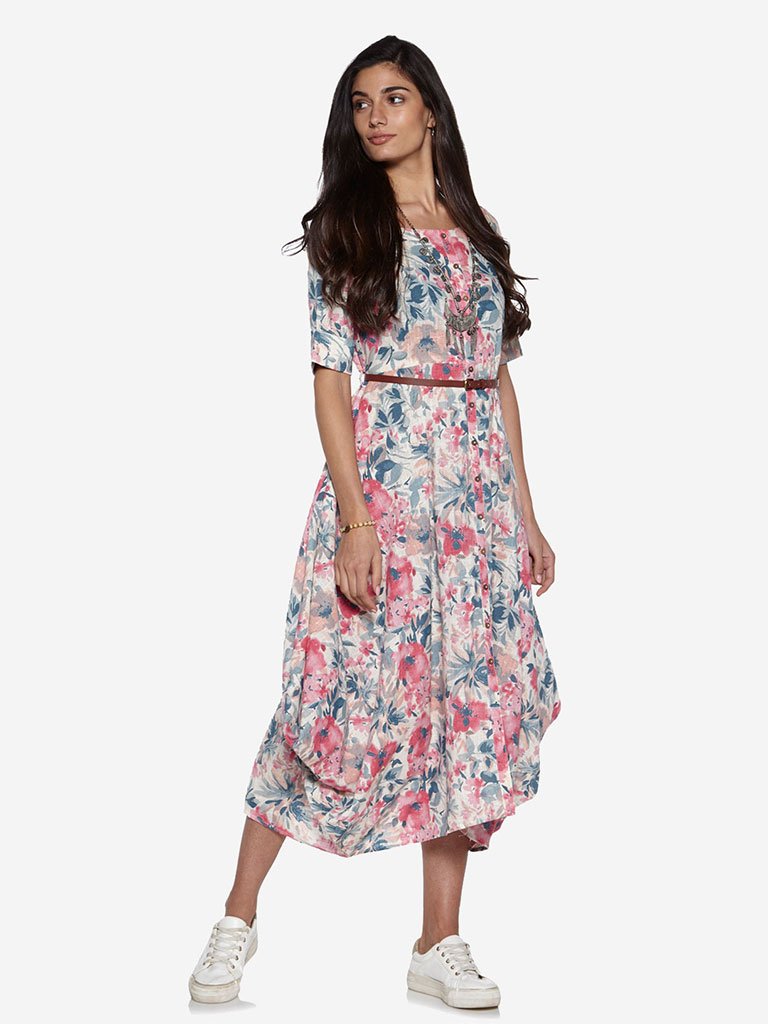Bombay Paisley White Floral Dress With Belt