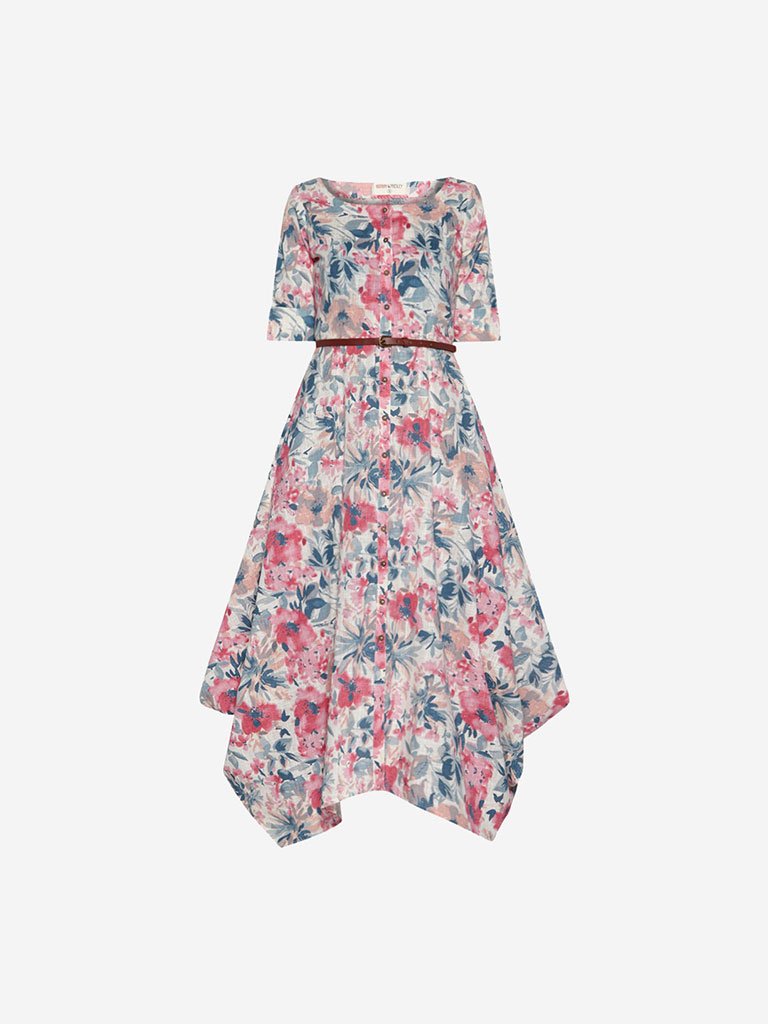 Bombay Paisley White Floral Dress With Belt
